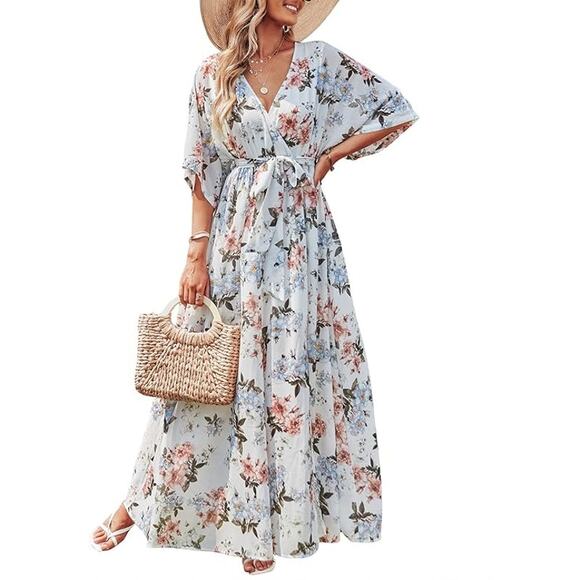 NEW White Floral 3/4 sleeve Maxi Dress L - Picture 1 of 5